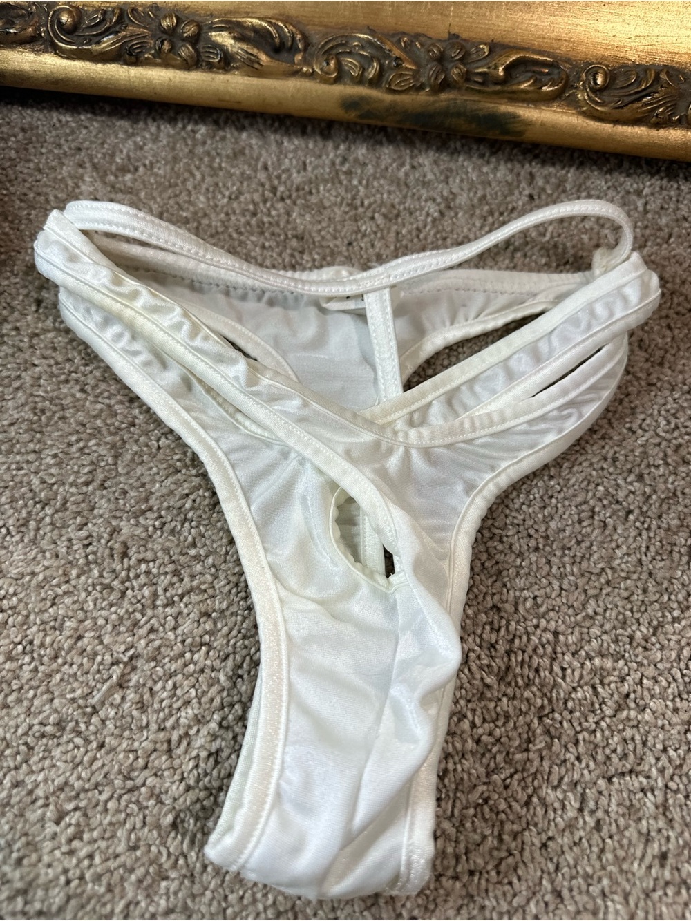 New Vintage Shirley of Hollywood Y2K White Satin Strappy Thong Size Small